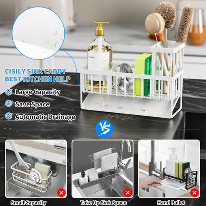 Kitchen Sink Caddy Organzier with High Brush Holder, Sponge Holder for Sink, 304 Rustproof Stainless, Kitchen Countertop Soap Dispenser Organizer, Kitchen Decor and Accessories