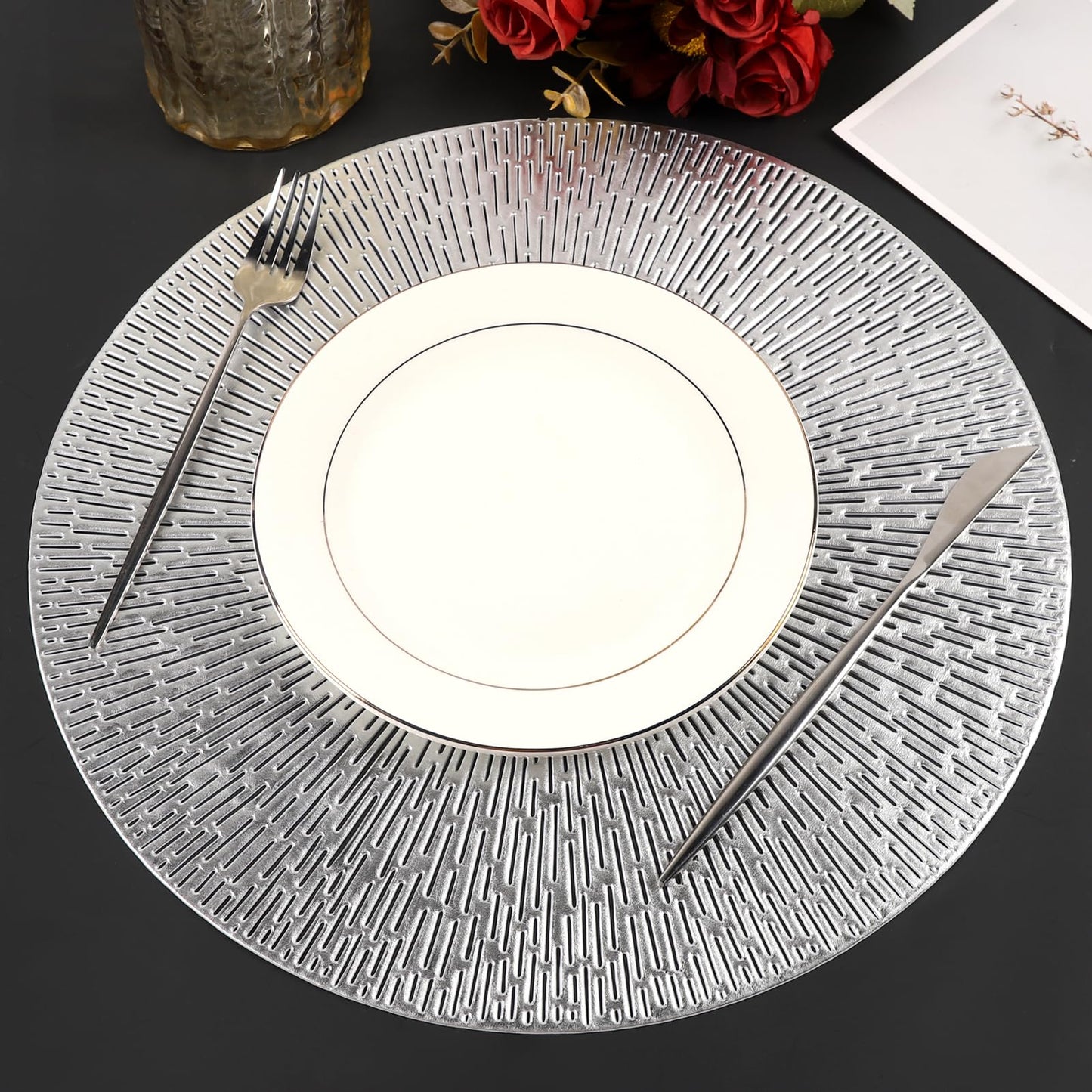 Silver Round Placemats, Hollow Out Washable and Wipeable Place Mats, Pressed Vinyl Table Mats Set of 6 for Anniversary Dinner Kitchen Decorations