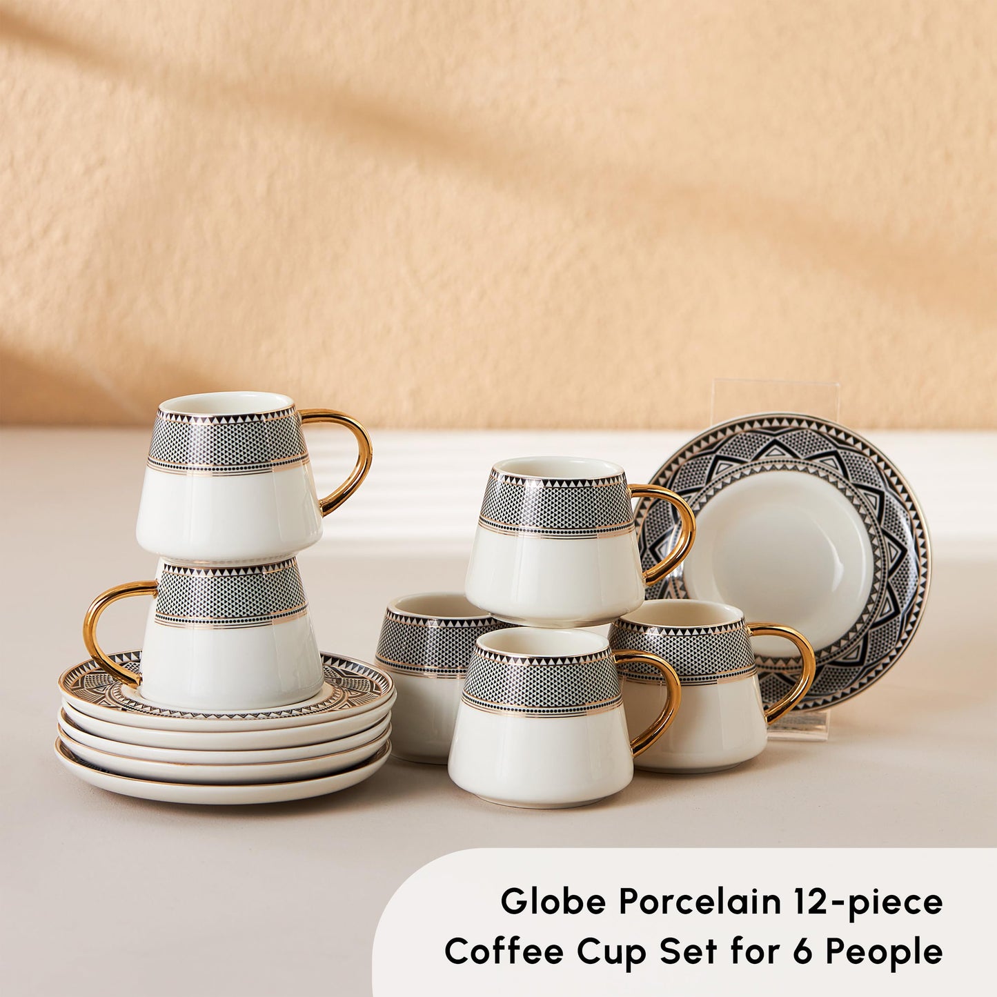 Lot de 6 tasses à café turques KARACA Globe, 80 ml, 2,7 oz, petites tasses à expresso avec soucoupes, porcelaine, motifs noirs et poignées dorées, idéales pour servir du café, de l'espresso et du cappuccino 