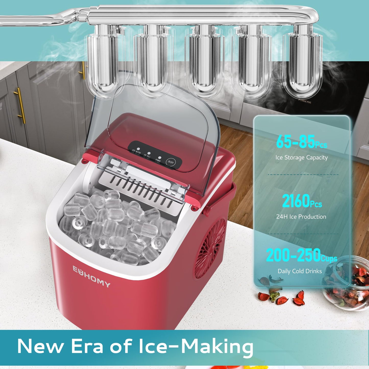 EUHOMY Countertop Ice Maker Machine with Handle, 26lbs in 24Hrs, 9 Ice Cubes Ready in 6 Mins, Auto-Cleaning Portable Ice Maker with Basket and Scoop, for Home/Kitchen/Camping/RV. (Black)