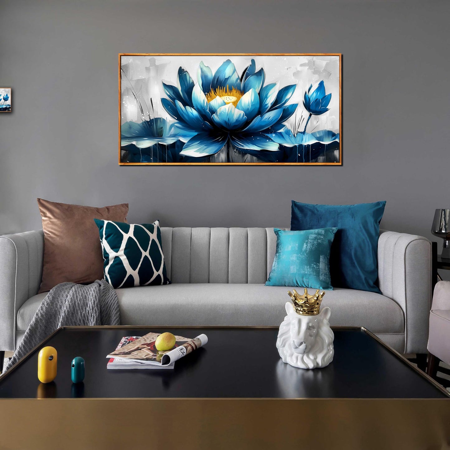 Ouzzlie Große Blumen-Wanddekoration, blaue Wandkunst für Wohnzimmer, goldene Kunst, Lotus-Poster für Zuhause und Büro, 73,7 x 149,9 cm 