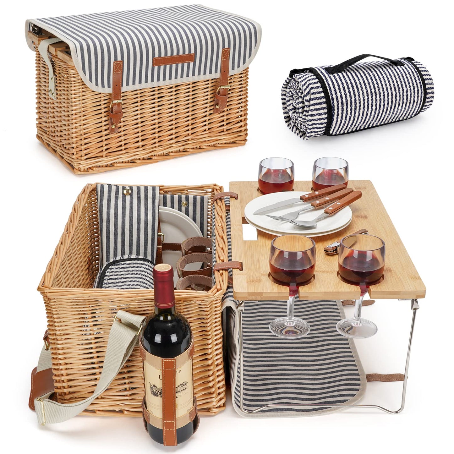 Wicker Picnic Basket for 4, 4 Person Picnic Kit, Willow Hamper Service Gift Set with Blanket Portable Bamboo Wine Snack Table for Camping and Outdoor Party