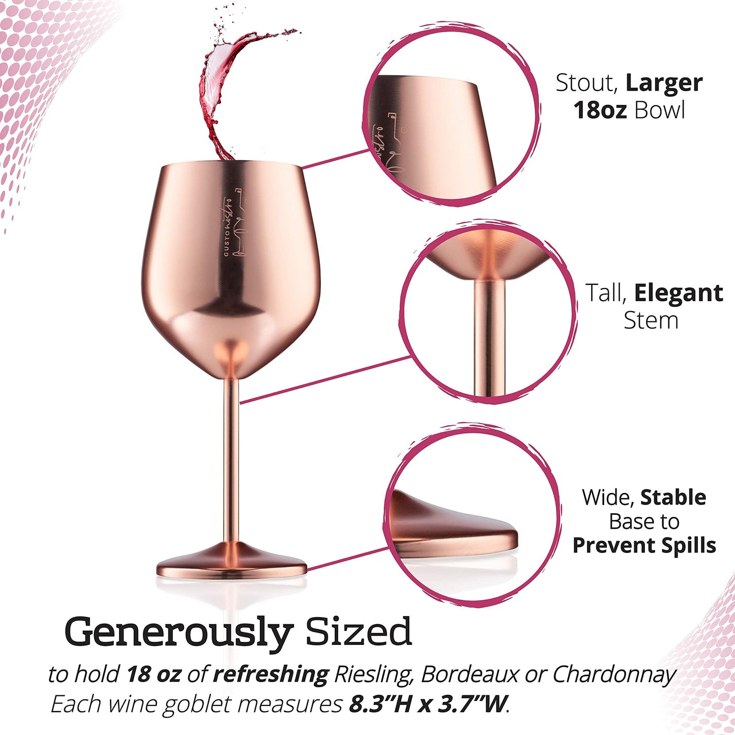 Gusto Nostro Stainless Steel Wine Glass - 18 oz - Unbreakable Rose Gold Wine Glasses for Travel, Camping and Pool - Fancy, Unique and Cool Portable Metal Wine Glass for Outdoor, Picnics (Set of 2)