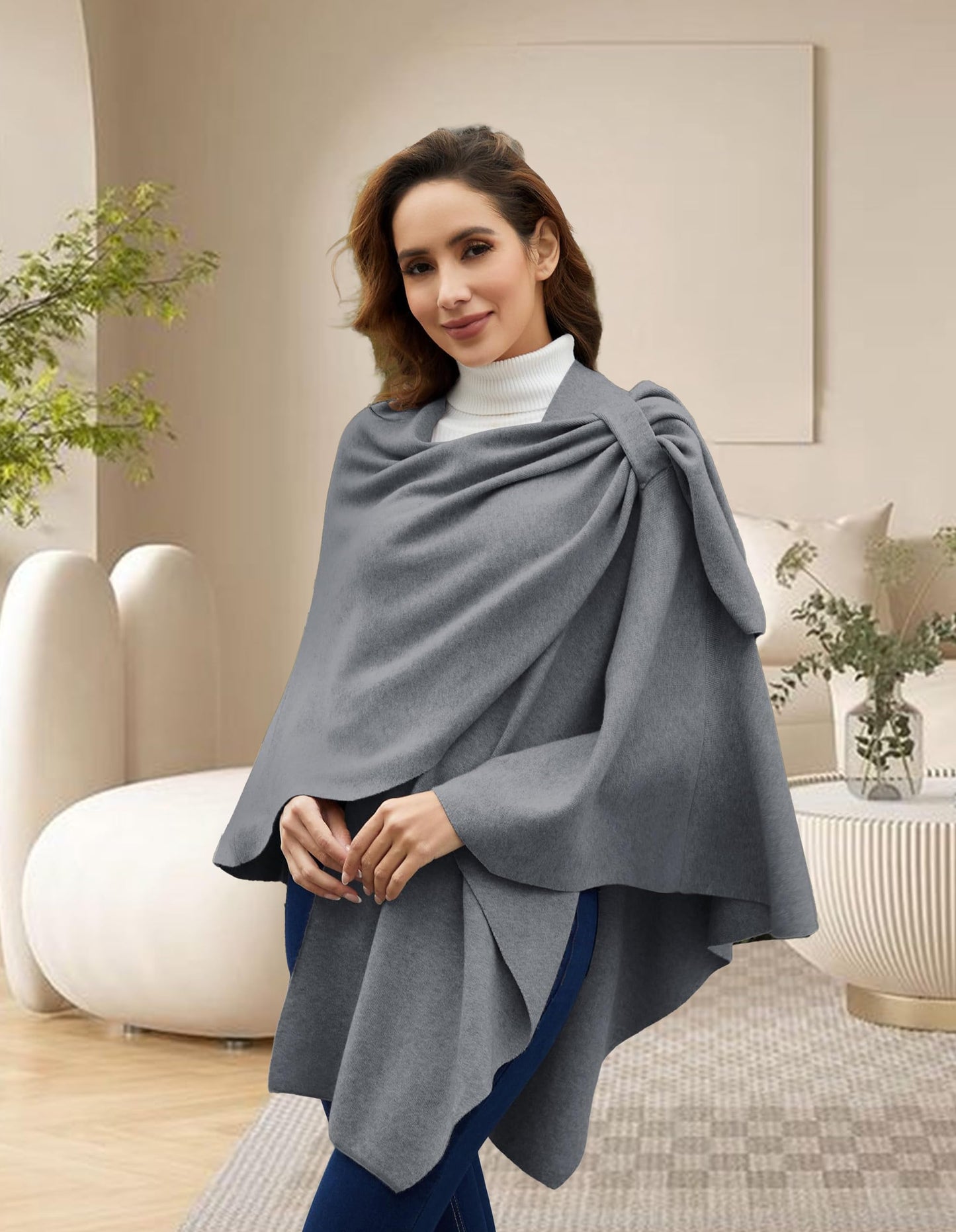 PULI Femmes Grand Poncho Croisé Sur Le Devant Pull Enveloppant Topper Tricoté Élégant Châles Cape pour l'Automne Hiver