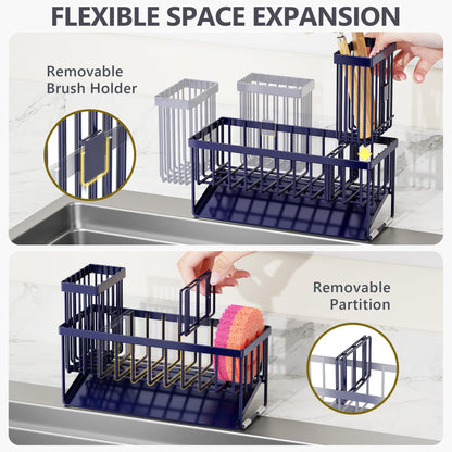 Kitchen Sink Caddy Organzier with High Brush Holder, Sponge Holder for Sink, 304 Rustproof Stainless, Kitchen Countertop Soap Dispenser Organizer, Kitchen Decor and Accessories