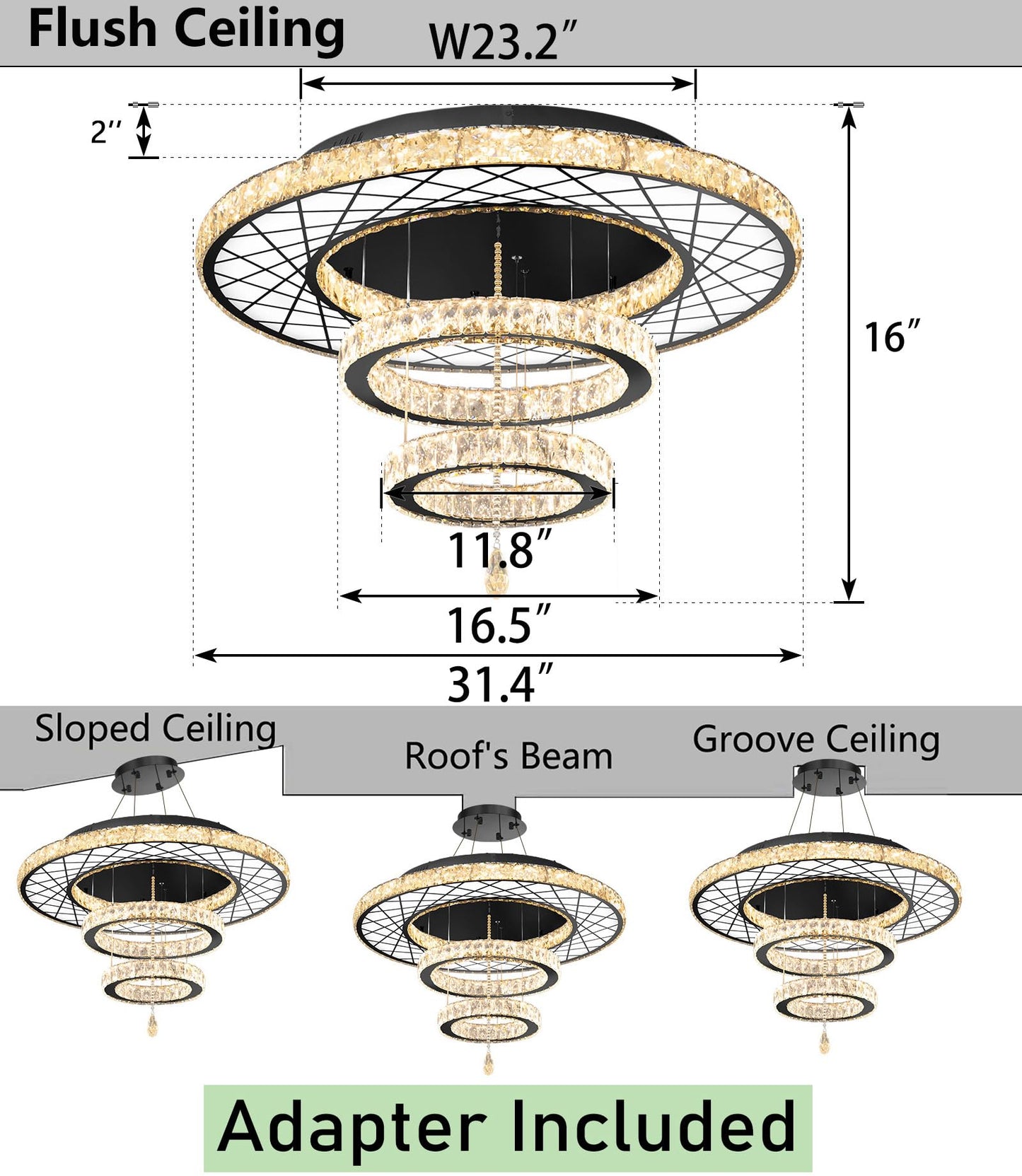 Modern Flush Ceiling Chandelier Bedroom Light Fixtures Crystal Flat Sloping Ceiling Lights for Hallway Kitchen Dining Room Dimmable Light with Remote Gold