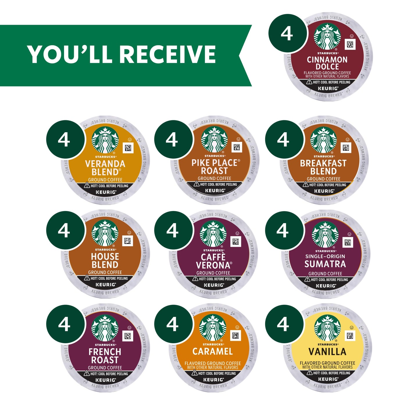 Starbucks K-Cup Coffee Pods, Naturally Flavored Coffee Variety Pack for Keurig Brewers, 100% Arabica, 1 Box (40 Pods)