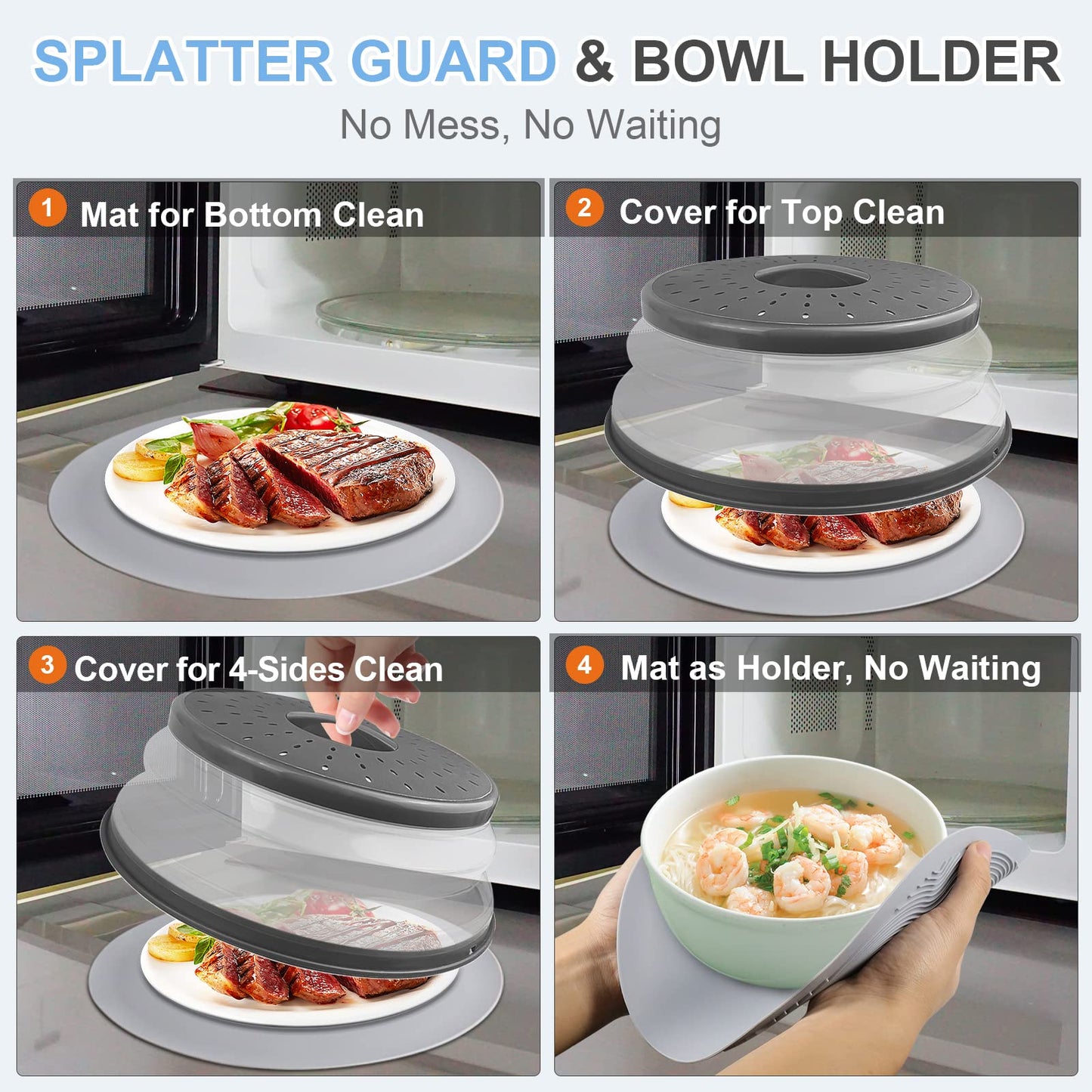 Pack 2, LekDrok Microwave Food Cover with Mat 12 Inch, Mat as Bowl Holder, Cover for Splatter Guard, Collapsible Lid for Plate, Multi-Use Silicone Mat & Kitchen Colander Gadget for Meal Prep, Charcoal