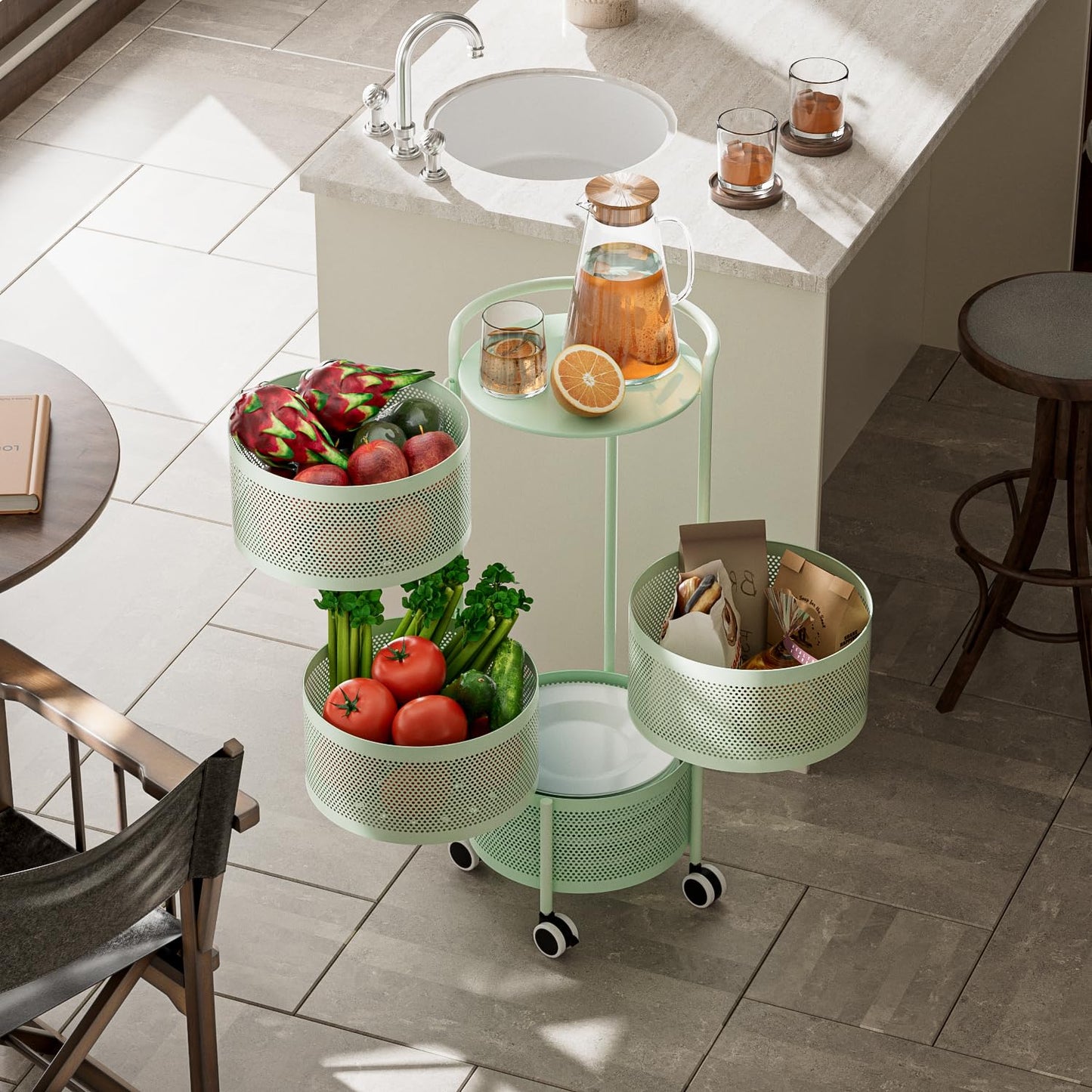 No Assembly Required Vegetable Storage Rack, 4-Tier Rotating Fruit Basket with Wheels, Heavy Duty Carbon Steel Kitchen Storage Cart