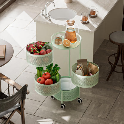 No Assembly Required Vegetable Storage Rack, 4-Tier Rotating Fruit Basket with Wheels, Heavy Duty Carbon Steel Kitchen Storage Cart