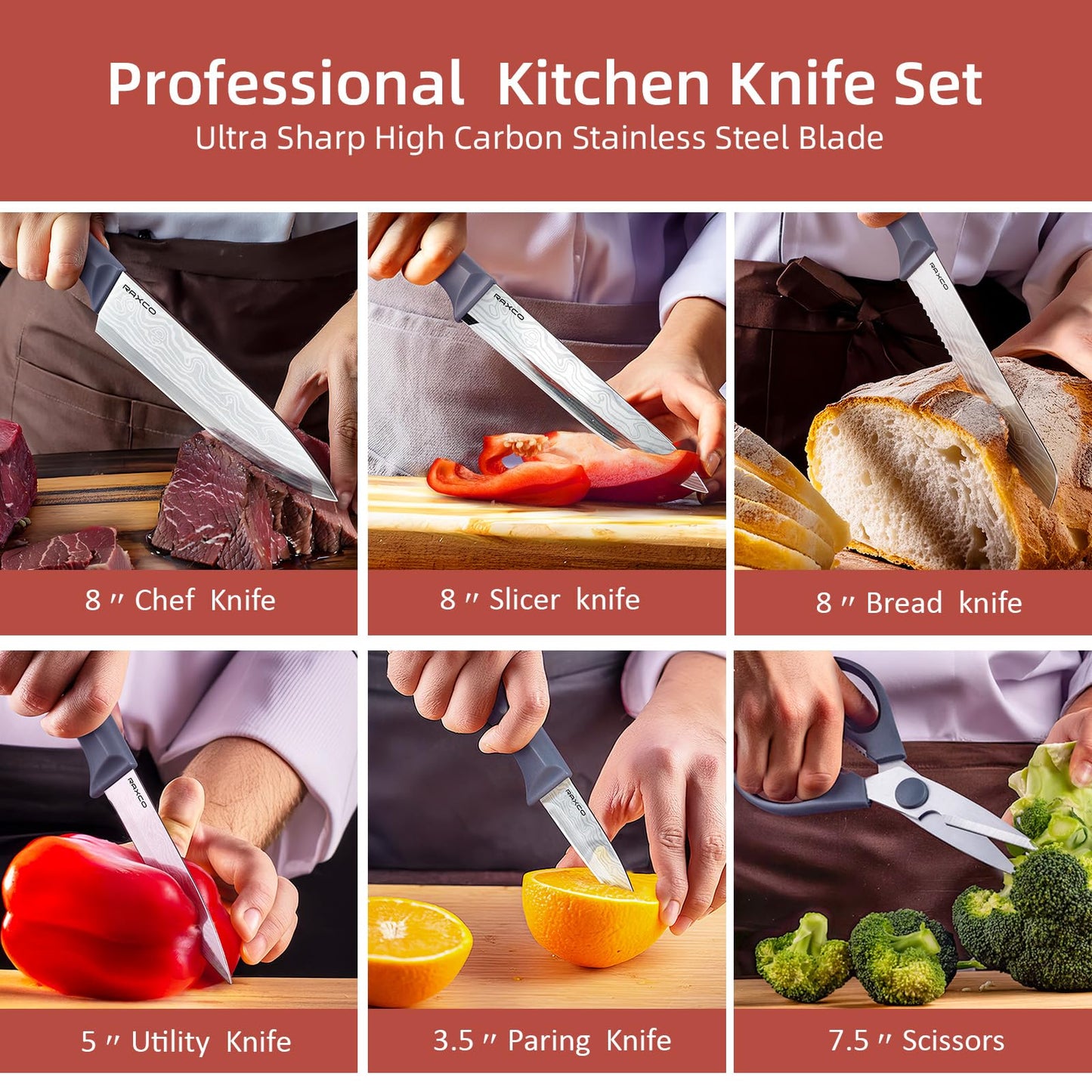 RAXCO Knife Set with Block,10-Piece Kitchen Knives Stainless Steel,Pro-Sharpened for Cooking,Slicing,Mincing,Dicing,Black