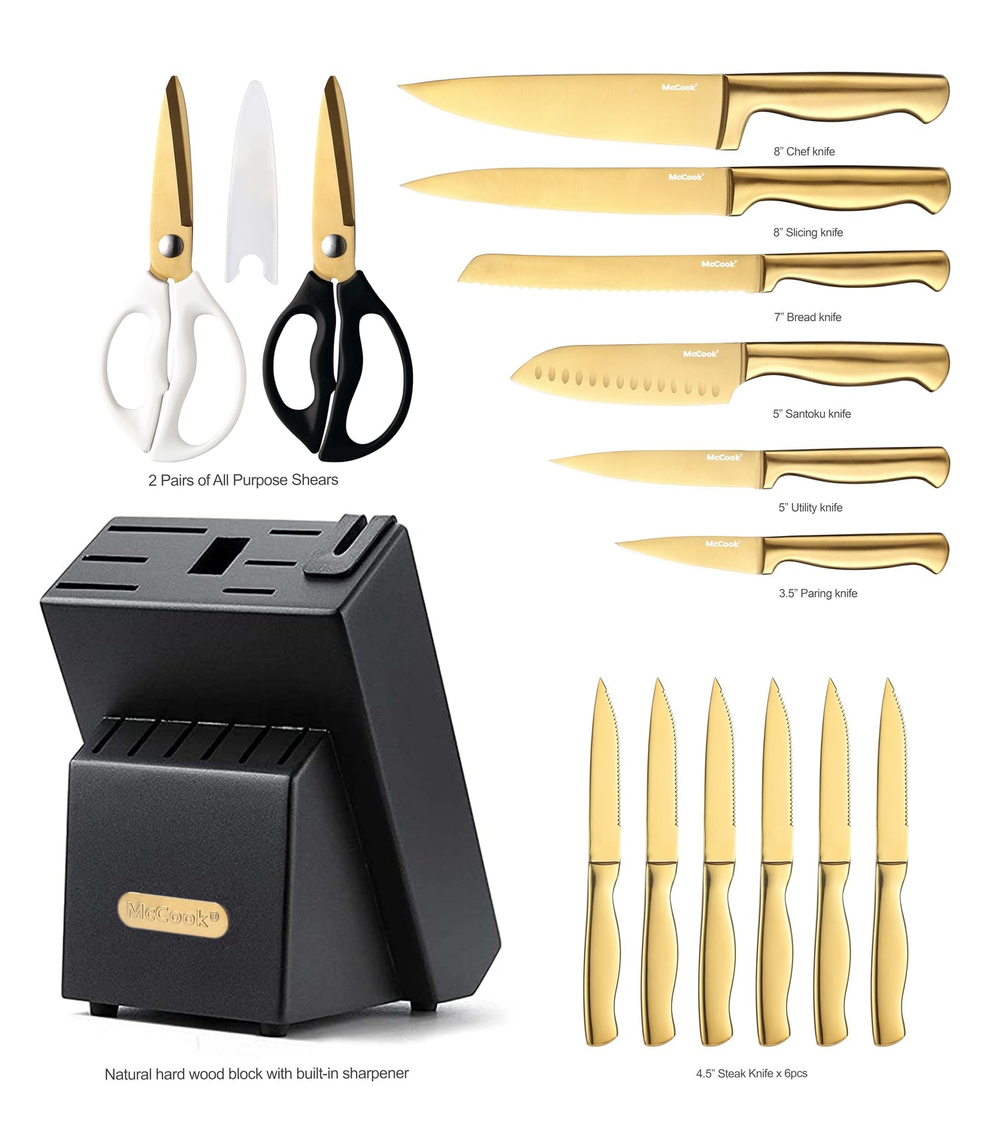 Ensemble de couteaux McCook®, ensemble de couteaux de cuisine en acier inoxydable Golden Titanium avec aiguiseur intégré 