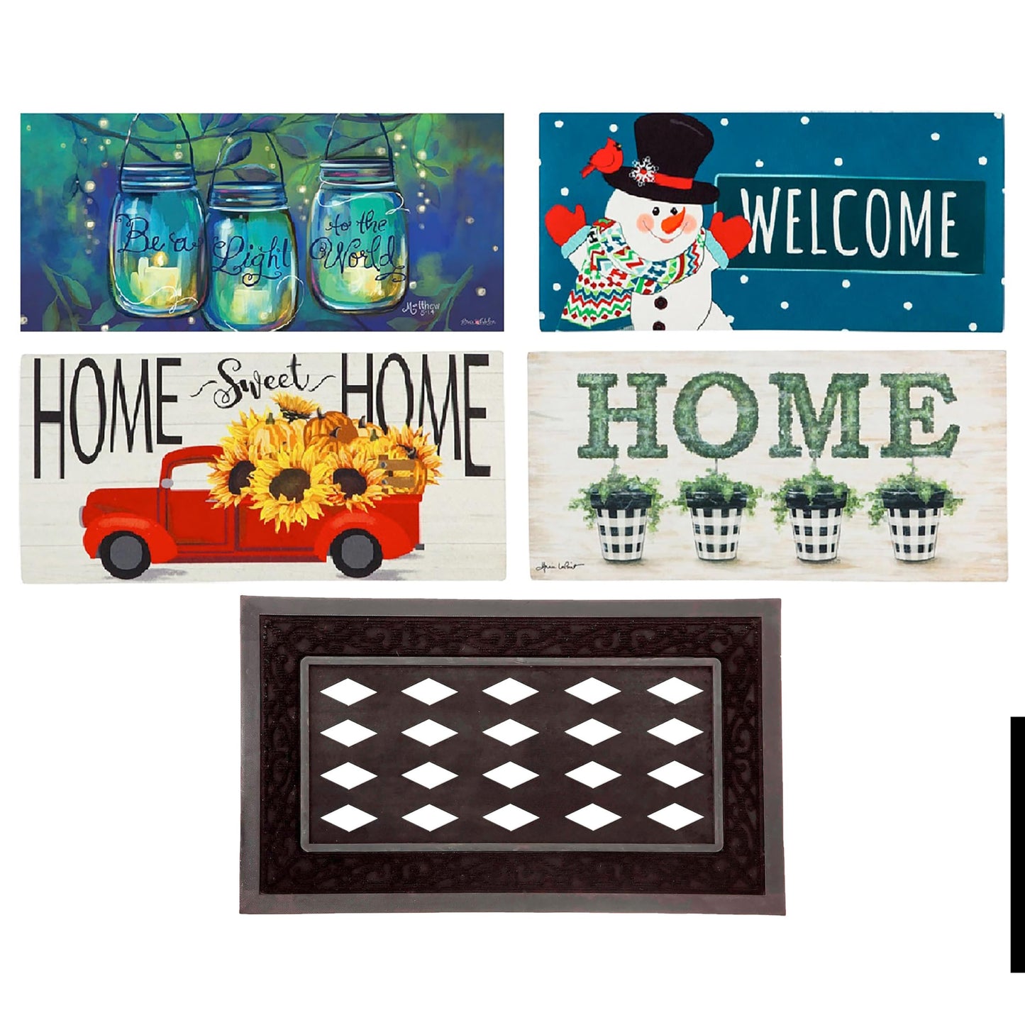 Evergreen Sassafras Bundle - Set of 5 Seasonal Interchangeable Entrance Doormats | Indoor and Outdoor |22-in x 10-in doormats and 28-in x 16-in Tray | Non-Slip Backing | Low Profile | Home Décor