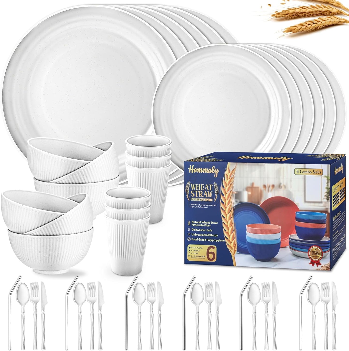 Wheat Straw Dinnerware Sets,48-Piece Plates and Bowls Sets for 6-Unbreakable,Reusable Plastic Dish Set-Dinner Plate/Dessert Plate/Cereal Bowl/Cup/Utensils-Microwavable Dishwasher Safe 48P-Deep Gray