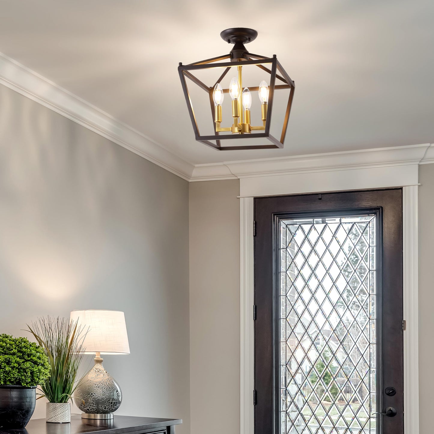 JONATHAN Y JYL7610A Plains Mini Lantern 12" 4-Light Iron Modern Farmhouse LED Flush Mount, Rustic, Industrial, Dimmable, 2700K Cozy Warm Light Kitchen, Hallway, Bathroom, Stairwell, Oil Rubbed Bronze