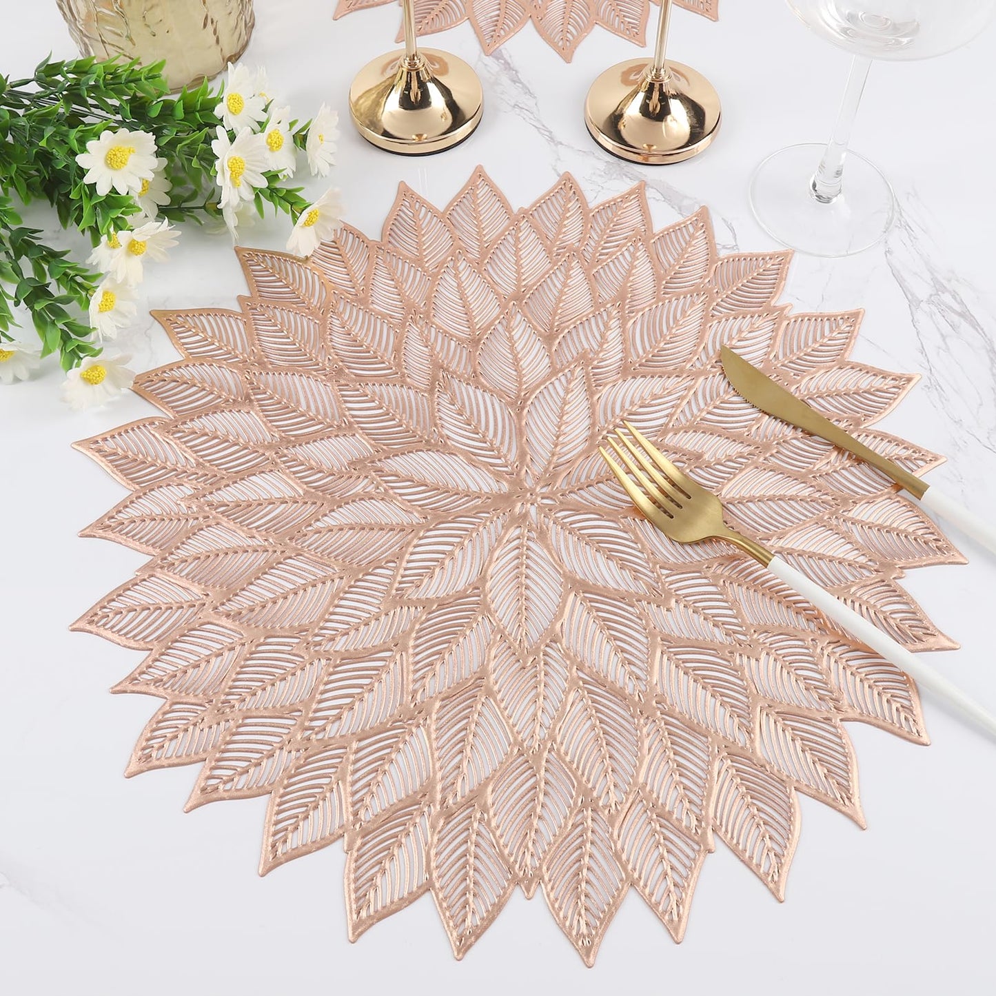 Placemats Set of 6, Round Hollow Out Flowers Place Mats for Dining Table Pressed Vinyl Blooming Leaf Table Mats for Holiday Party Wedding Accent Centerpiece Dinner Table Decoration (Gold)