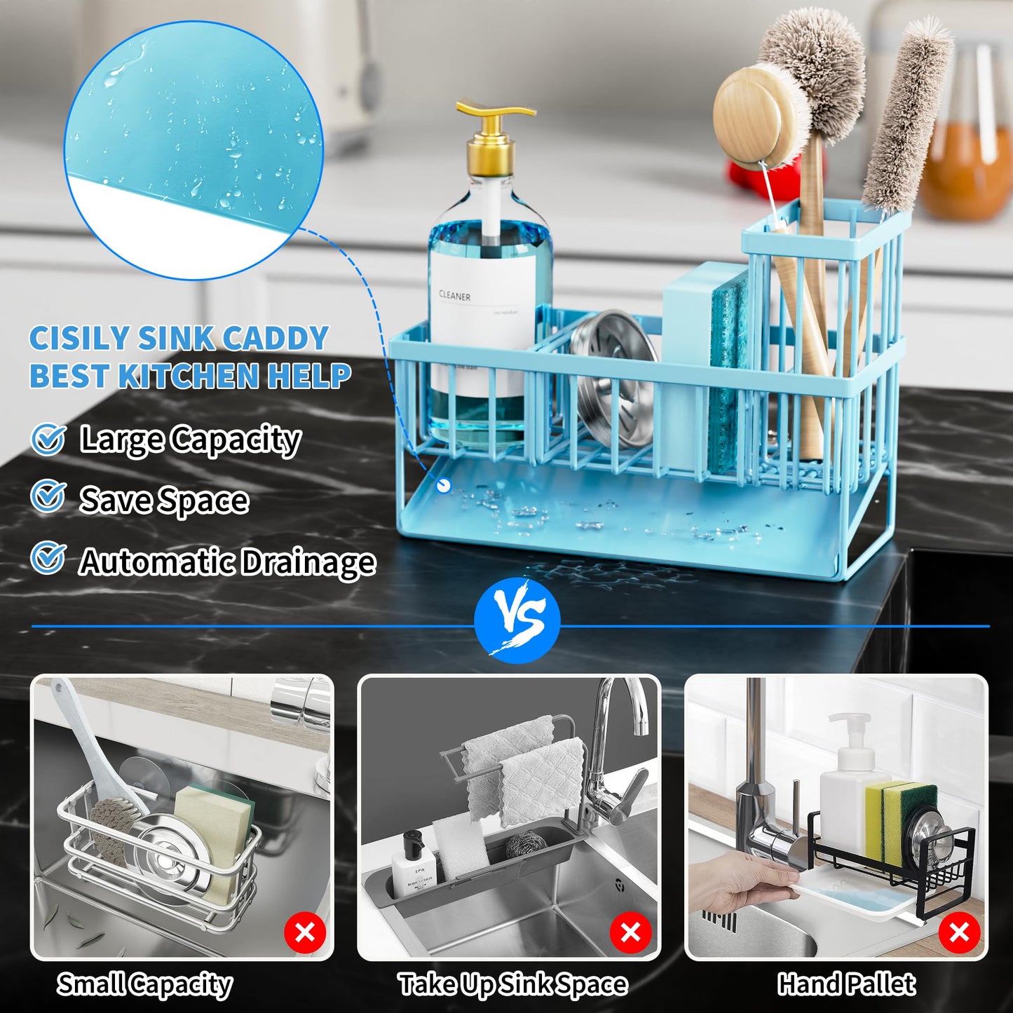 Kitchen Sink Caddy Organzier with High Brush Holder, Sponge Holder for Sink, 304 Rustproof Stainless, Kitchen Countertop Soap Dispenser Organizer, Kitchen Decor and Accessories