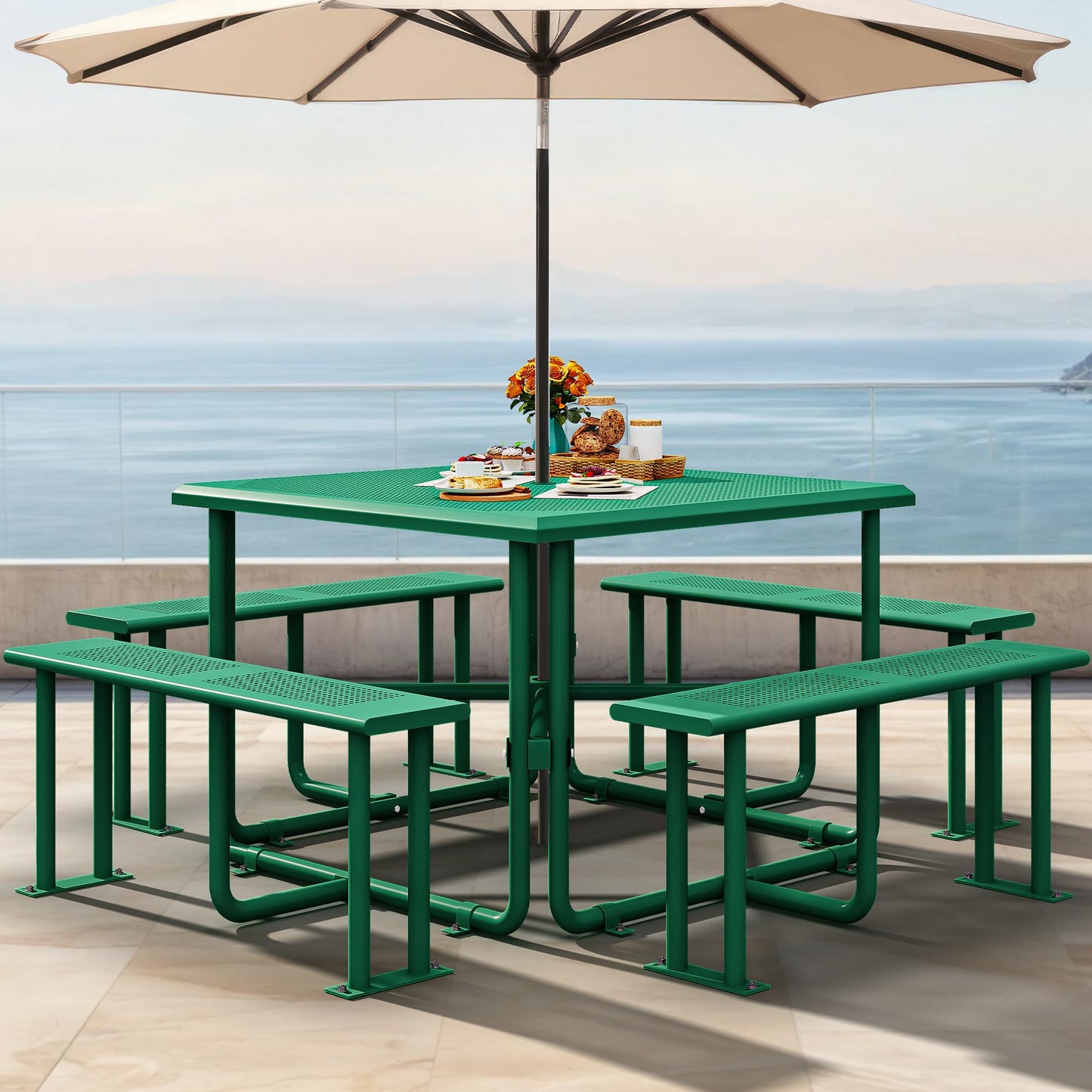 YITAHOME Table de pique-nique d'extérieur de 1,8 m avec plateau en bois, cadre en acier robuste et ouverture pour parapluie, table de pique-nique robuste idéale pour la cour, le patio, les rassemblements sur la pelouse, marron clair 