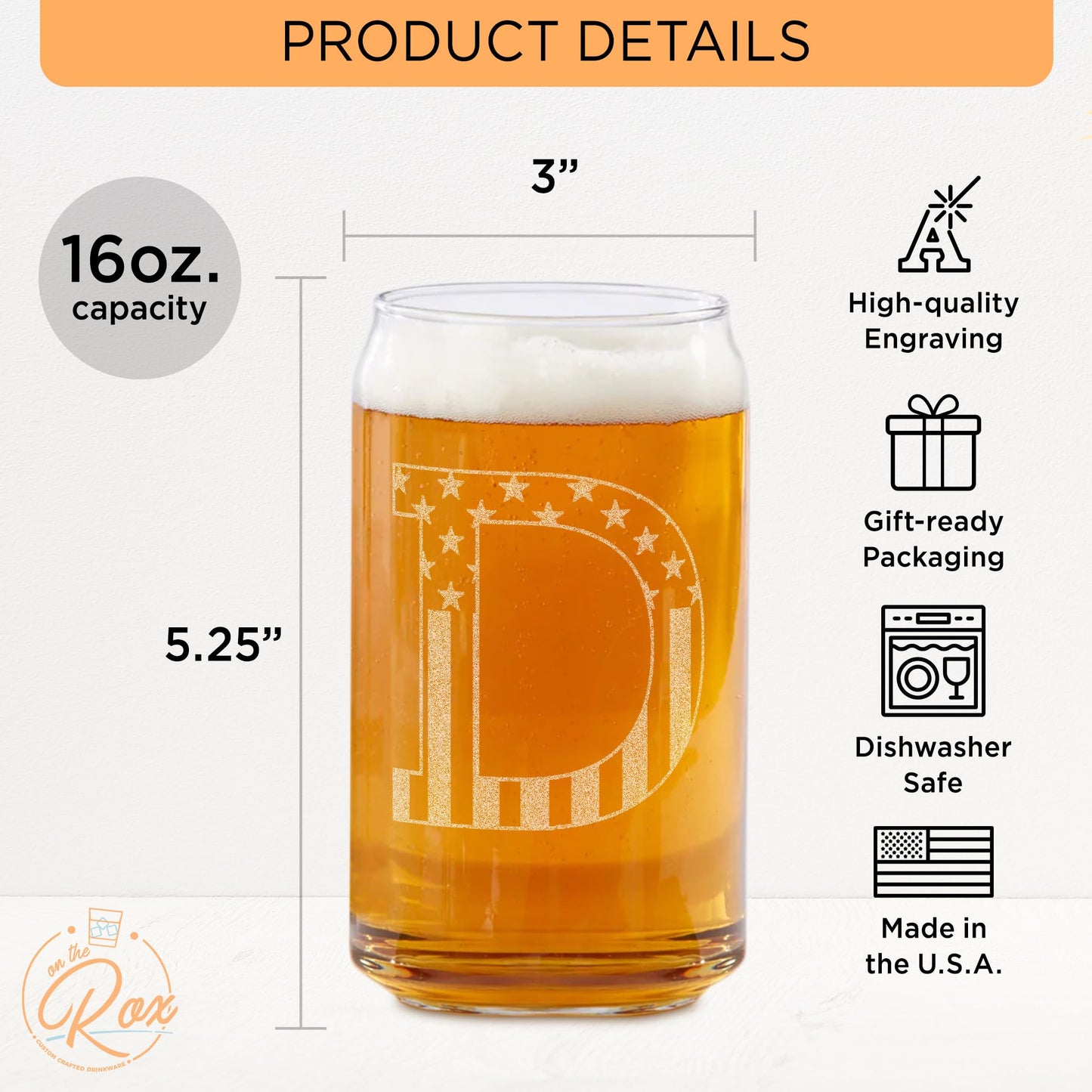 Monogram Beer Glasses for Men (A-Z) 16 oz - Engraved Beer Gifts for Men Brother Son Dad Neighbor - Unique Christmas Gifts for Him - Personalized Drinking Gift Beer Glass Mugs (J)