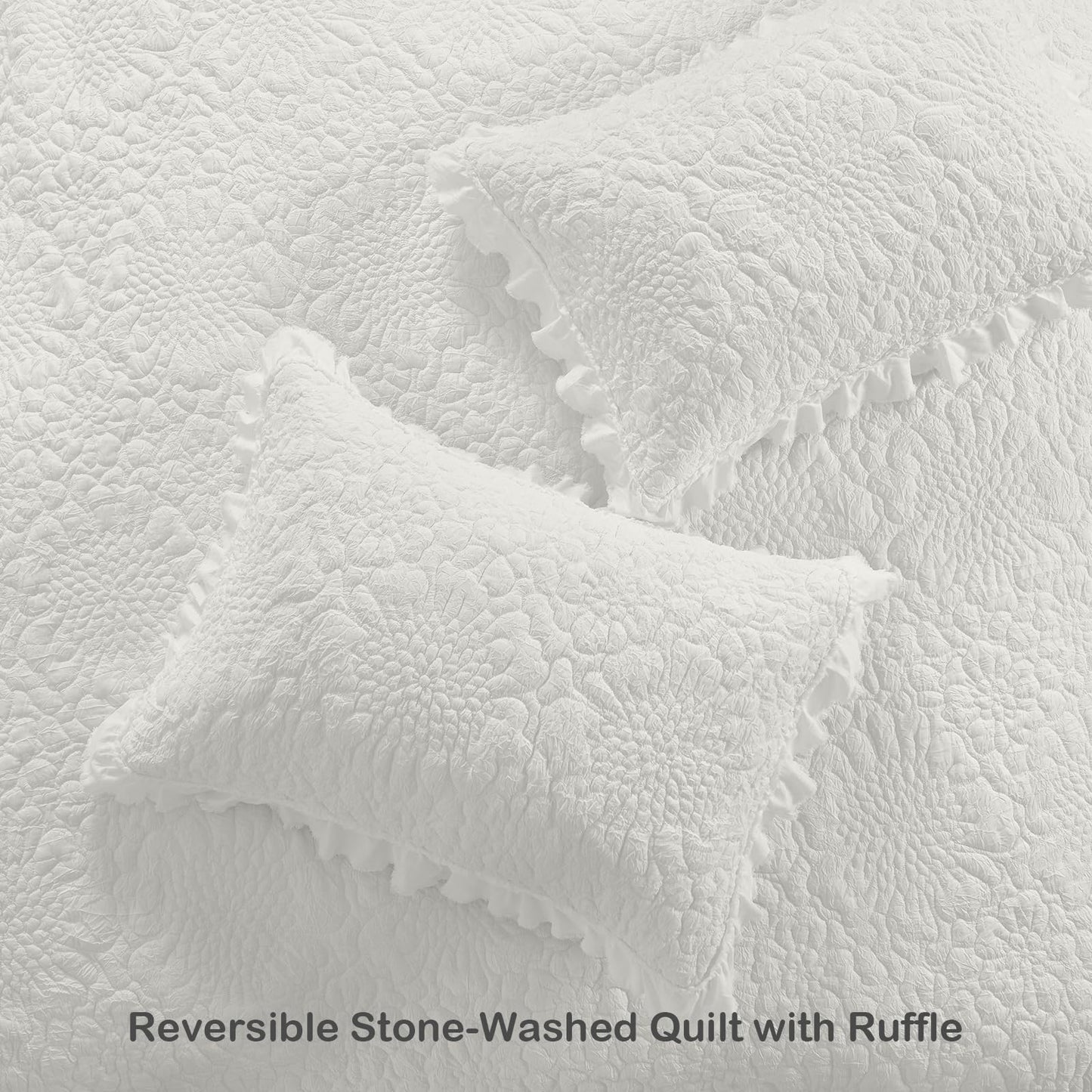 HORIMOTE HOME White Ruffled Quilt King Size, Stone-Washed Microfiber Lightweight Crinkled Farmhouse Rustic Shabby Chic Bedding Set, 3 Pieces Reversible Bedspread with Pillow Shams for All Season