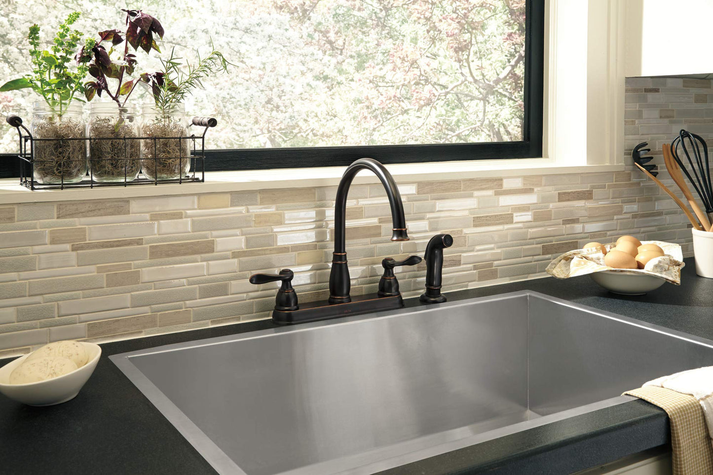 Windemere Chrome Kitchen Faucet with Side Sprayer, Traditional 4 Hole Kitchen Sink Faucet, Two-Handle, 21996LF