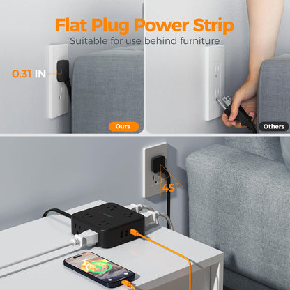 Surge Protector Flat Extension Cord Flat Plug Power Strip, 8 AC Outlets, 3 USB Charger(1 USB C Port) 3-Sided Outlet Extender, 5 Ft, 900 Joules Protection