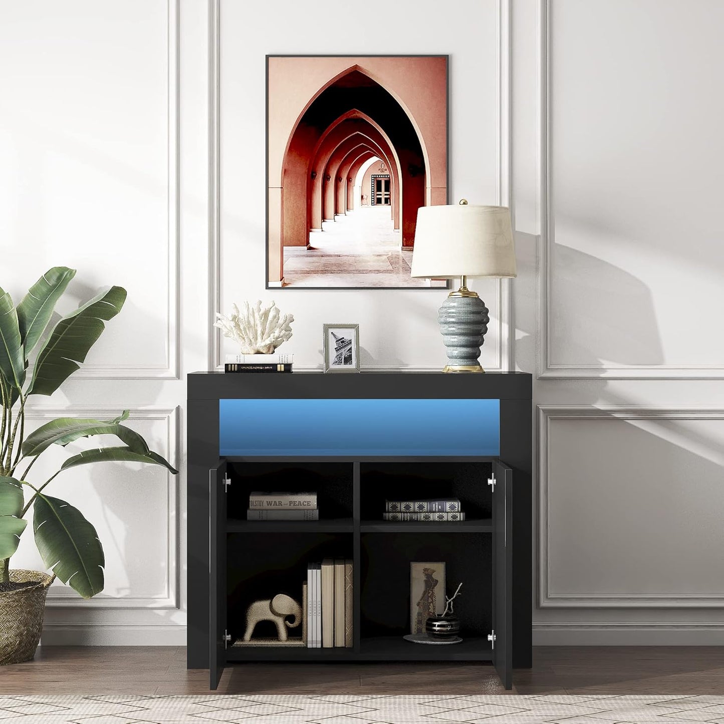 Sideboard, Vitrine mit LED-Licht, modern, schwarz, Hochglanz, Küchenaufbewahrungsschrank, Buffetschrank, Holz, Küchenzeile, Schrank, Buffetvitrine, TV-Ständer mit 2 Türen für Flur, Esszimmer 