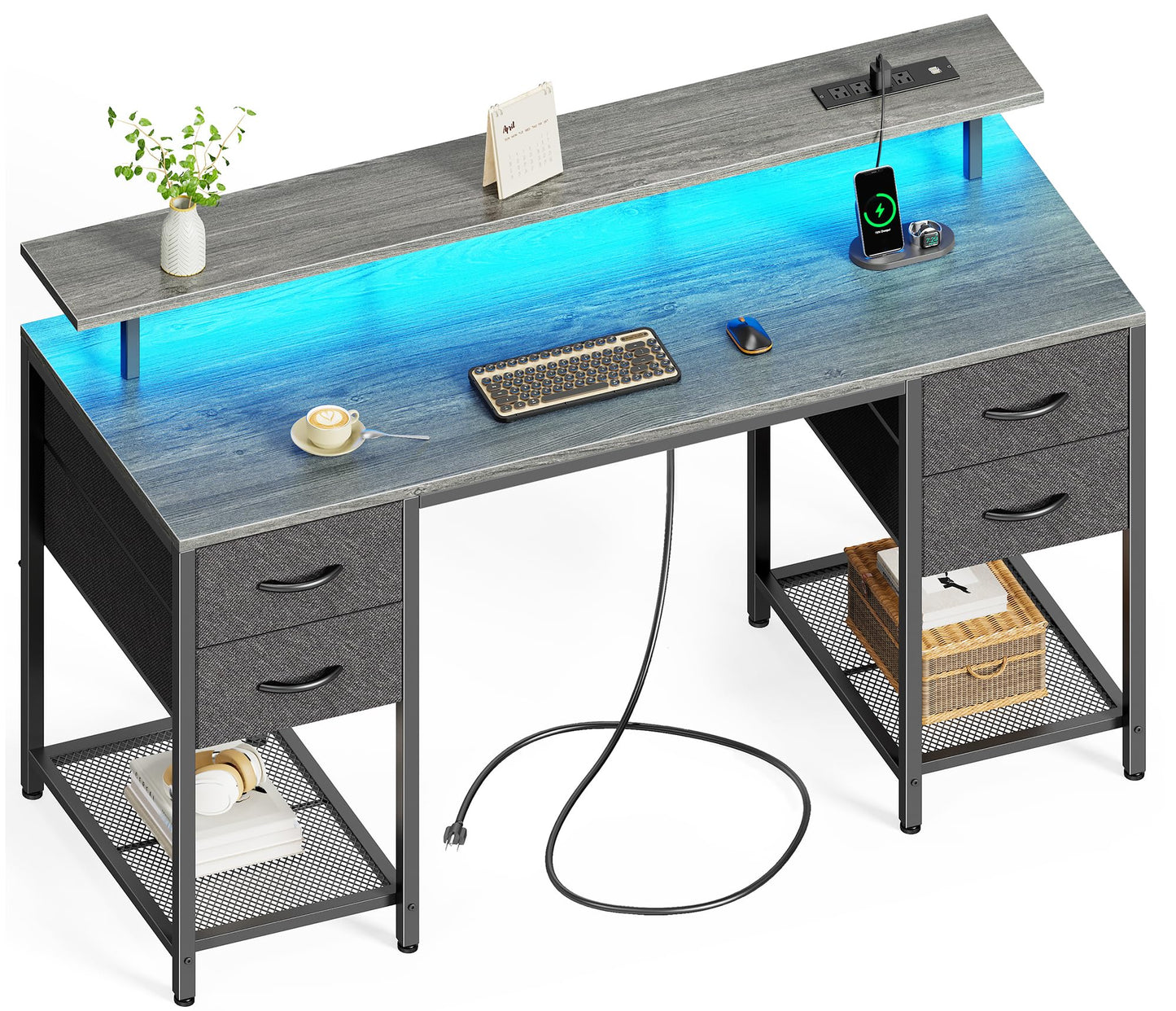 Bureau d'ordinateur Huuger de 47 pouces avec 4 tiroirs, bureau de jeu avec lumières LED et prises de courant, bureau à domicile avec grand espace de rangement pour chambre à coucher, travail à domicile, noir 