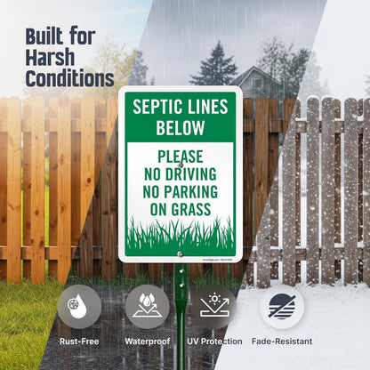 SmartSign Septic Lines Below Yard Sign, 10 x 7 in Aluminum Lawn Sign with 18 in Stake, Green & White