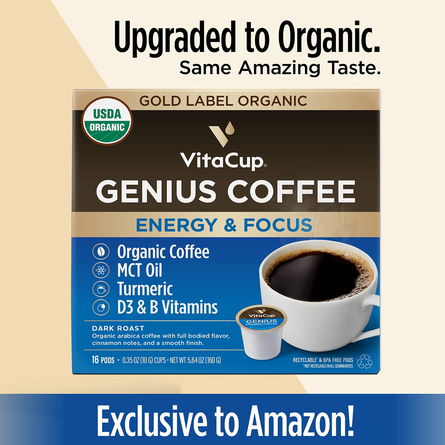 VitaCup Lightning Kaffeepads, für Gedächtnis und Konzentration mit 2x Koffein, grüne Kaffeebohnen, B-Vitamine, D3, starker dunkel gerösteter Kaffee, recycelbare Einzelportionspads, kompatibel mit Keurig K-Cup Kaffeemaschinen, 16 Stück 