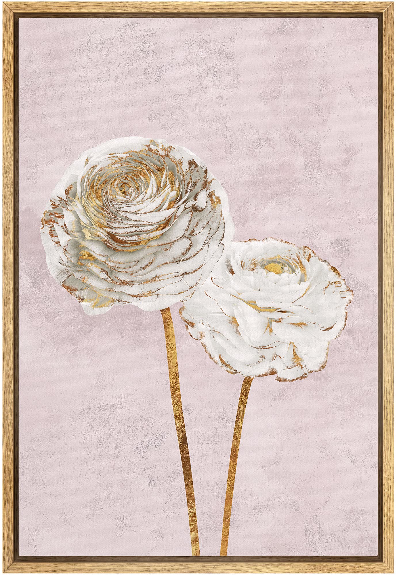 Canvas Print Wall Art White Gold Marble Background Carnation Flower Duo Nature Wilderness Illustrations Modern Art Farmhouse/Country Rustic Relax/Calm for Living Room, Bedroom, Office - 16"x24"