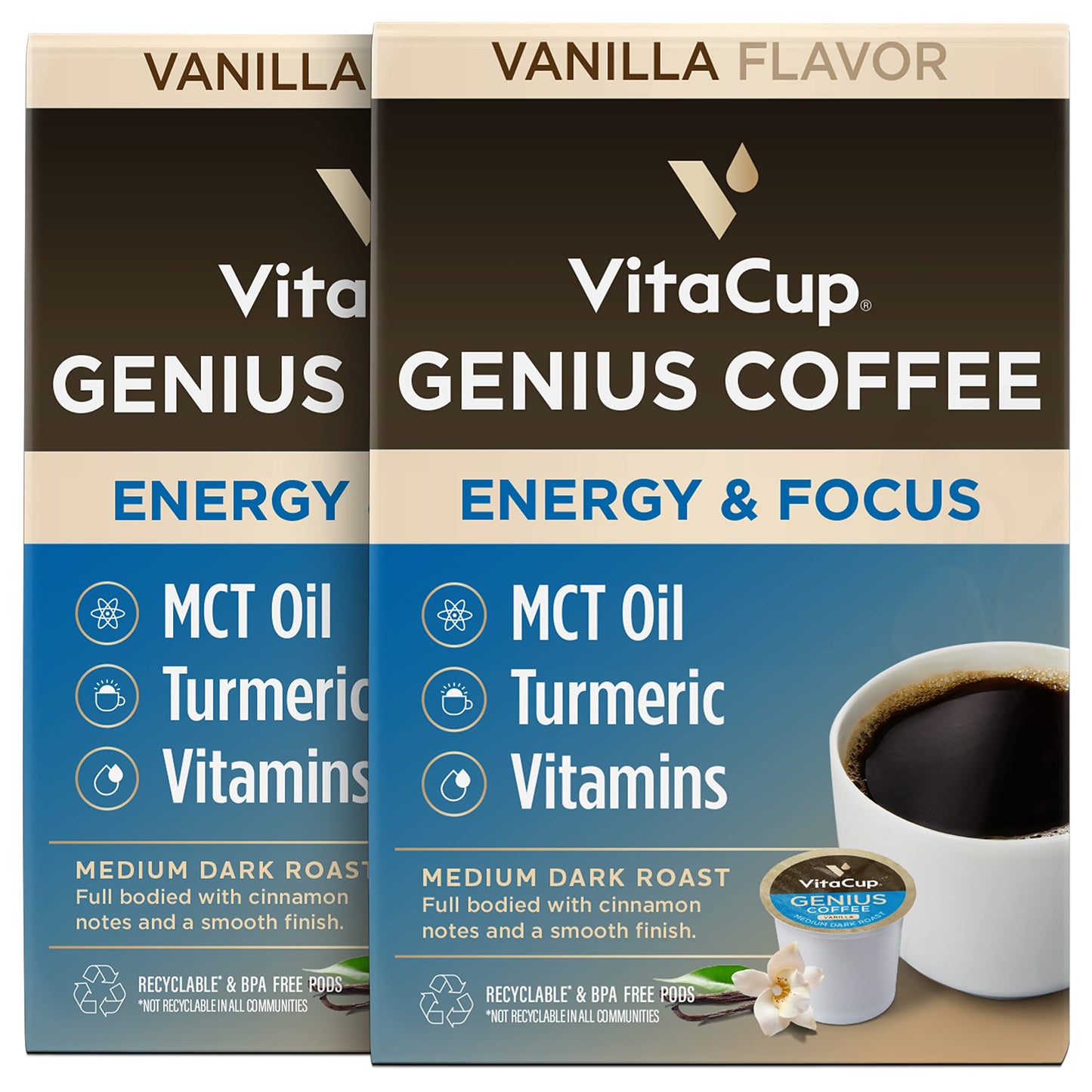 Capsules de café VitaCup Lightning, pour la mémoire et la concentration avec 2X de caféine, grains de café vert, vitamines B, D3, café torréfié foncé et fort, dosettes individuelles recyclables compatibles avec les cafetières Keurig K-Cup, 16 unités 