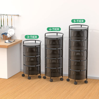 No Assembly Required Vegetable Storage Rack, 4-Tier Rotating Fruit Basket with Wheels, Heavy Duty Carbon Steel Kitchen Storage Cart