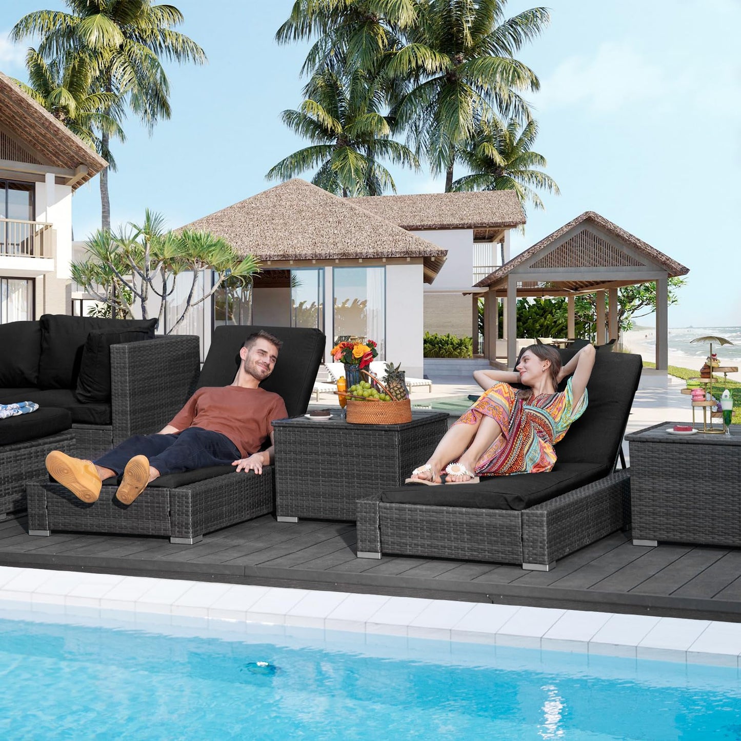 NICESOUL® 13-teiliges großes Luxus-Sofaset für die Terrasse mit Feuerstelle für Erdgas/Propan, 74 cm hohe Rückenlehne, Garten-Sitzgruppe, Gartensofa aus PE-Rattan, dunkelgrau 