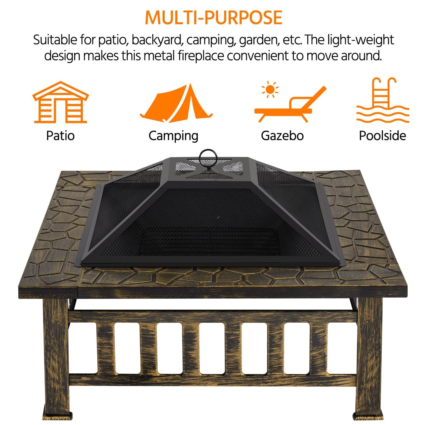 Yaheetech 32in Outdoor Firepit Square Table Backyard Patio Garden Stove Wood Burning Fire Pit with Spark Screen, Log Poker and Cover