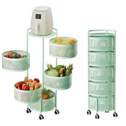 No Assembly Required Vegetable Storage Rack, 4-Tier Rotating Fruit Basket with Wheels, Heavy Duty Carbon Steel Kitchen Storage Cart