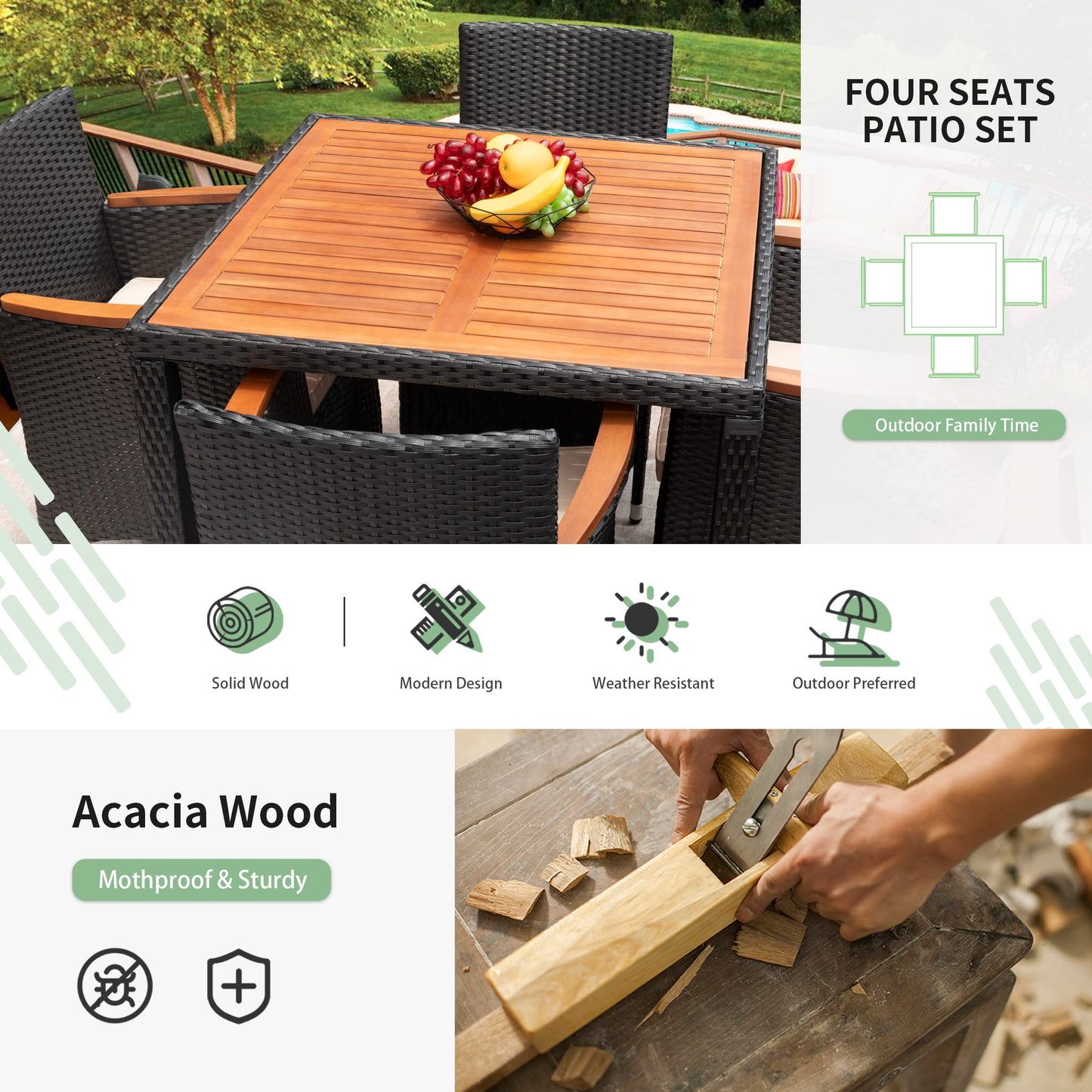 Flamaker 9 Piece Patio Dining Set Outdoor Acacia Wood Table and Chairs with Soft Cushions Wicker Patio Furniture for Deck, Backyard, Garden