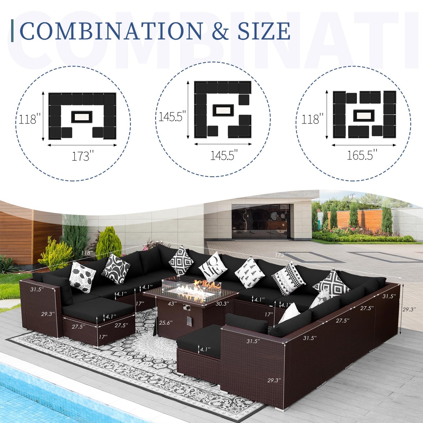 NICESOUL® 13 Piece Luxury Large Patio Furniture Sofa Set with Natural Gas/Propane Fire Pit Table, 29.3" High Back Outdoor Conversation Set, Outside PE Rattan Sectional Sofa, Dark Gray