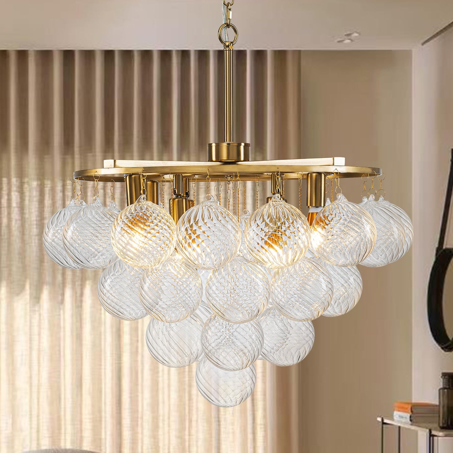 Gold Bubble Chandelier 4-Tier Round Clear Glass Globe Chandeliers 8 Lights 24Inch Dia Blown Glass Pendant Chandelier Light Fixture for Dining Room Bedroom Living Room