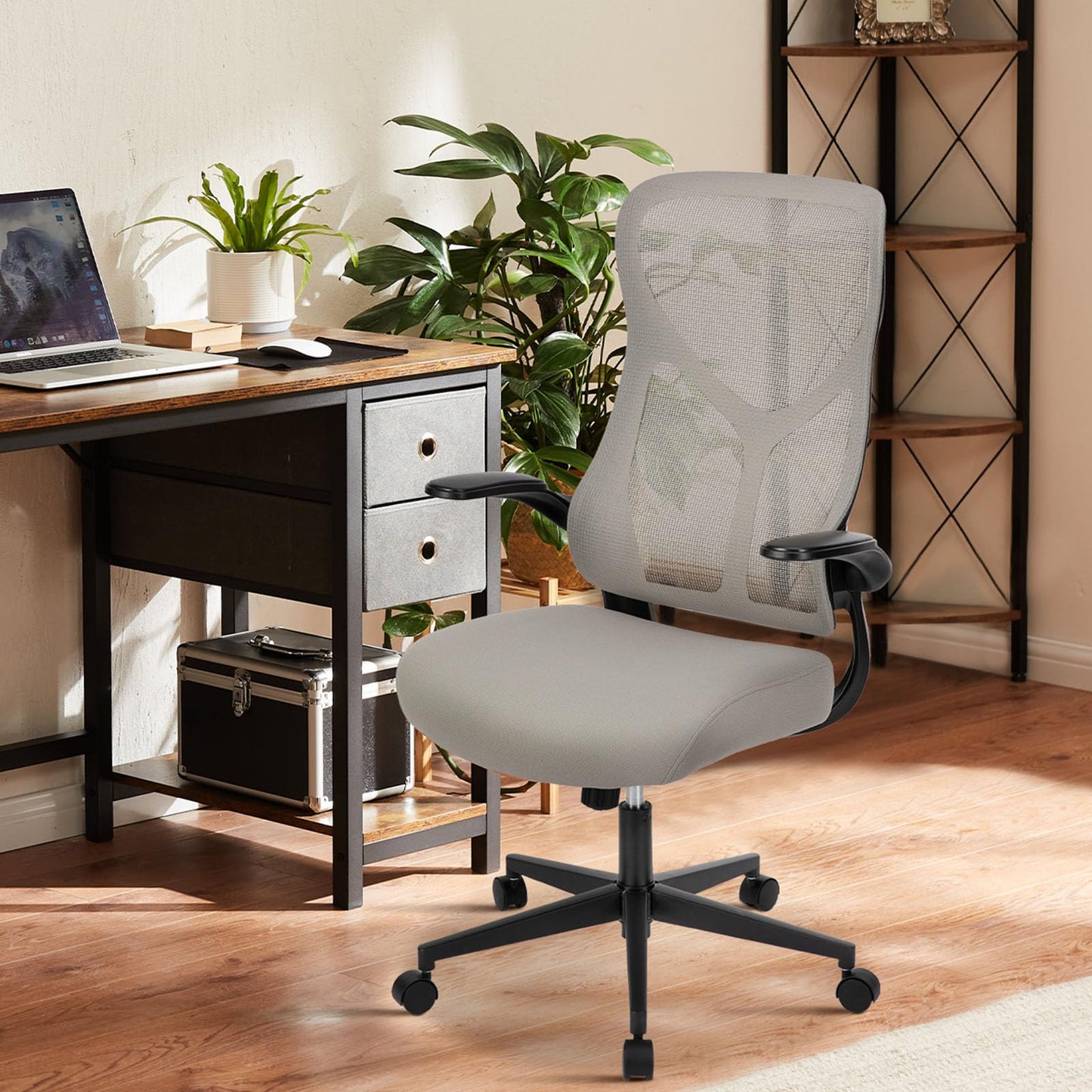 Chaise de bureau ergonomique en maille, chaise de bureau à dossier haut avec appui-tête 2D, support lombaire haut et bas, chaise de travail d'ordinateur pivotante avec accoudoirs rabattables réglables, noir 