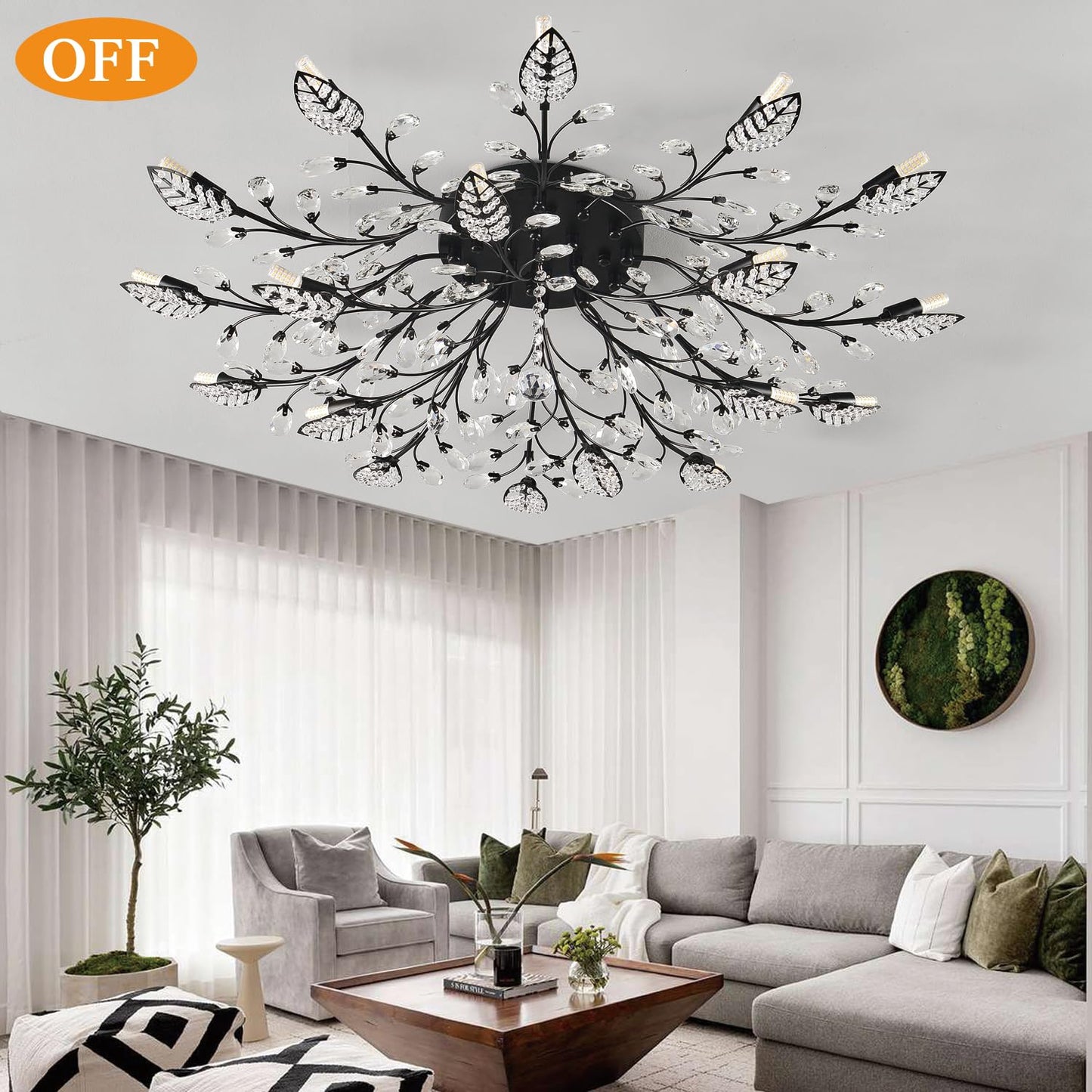 Modern Crystal Ceiling Light Fixture,Semi Flush Mount Chandeliers,Crystal Leaf Ceiling Light, Chandeliers for Dining Room,Living Room,Bedroom (Gold, 12-Lights)