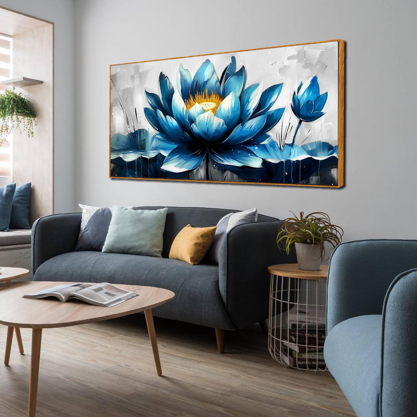 Ouzzlie Große Blumen-Wanddekoration, blaue Wandkunst für Wohnzimmer, goldene Kunst, Lotus-Poster für Zuhause und Büro, 73,7 x 149,9 cm 