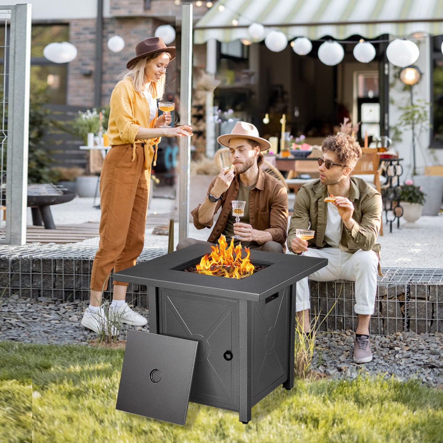 Xbeauty Fire Pit Propane Gas FirePit Table 43" Outdoor Fire Pit Rectangular Tabletop with Lid, Rain Cover, for Outside Garden Backyard Deck Patio