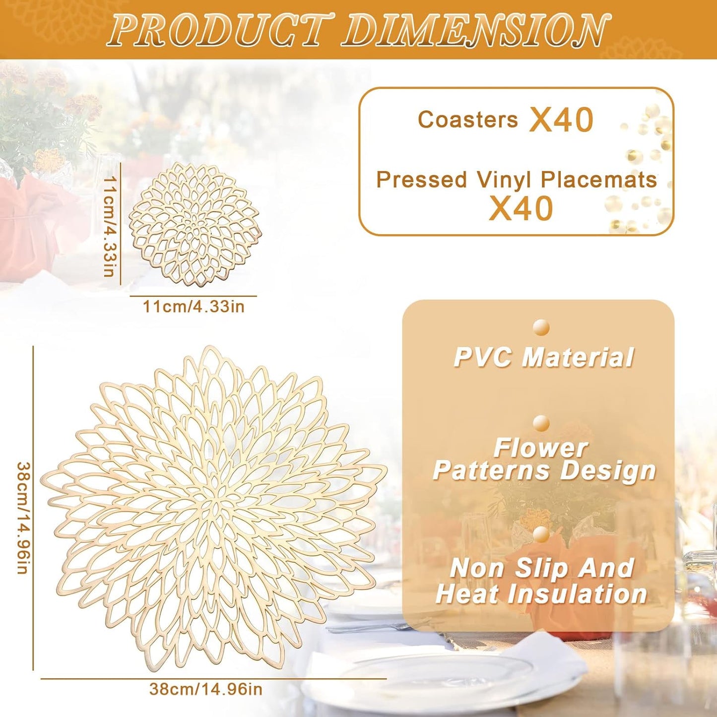 CHENGU 40 Pcs Round Pressed Vinyl Placemats Metallic Place Mat 40 Pcs Coaster Including Placemats and Coasters Non Slip Heat Resistant Washable Table Mats for Dining Table Kitchen Decoration (Gold)