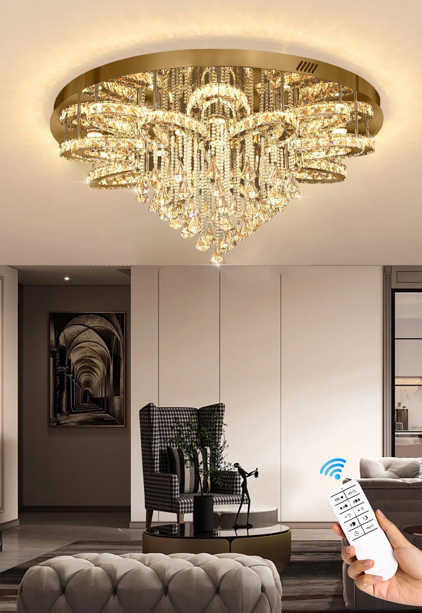 Flashing God W40 Modern Crystal Chandelier for Living Room Crystal Flush Mount LED Gold Ceiling Light Fixture for Foyer Dining Room Hallway Dimmable 2700k 4500k 6000k