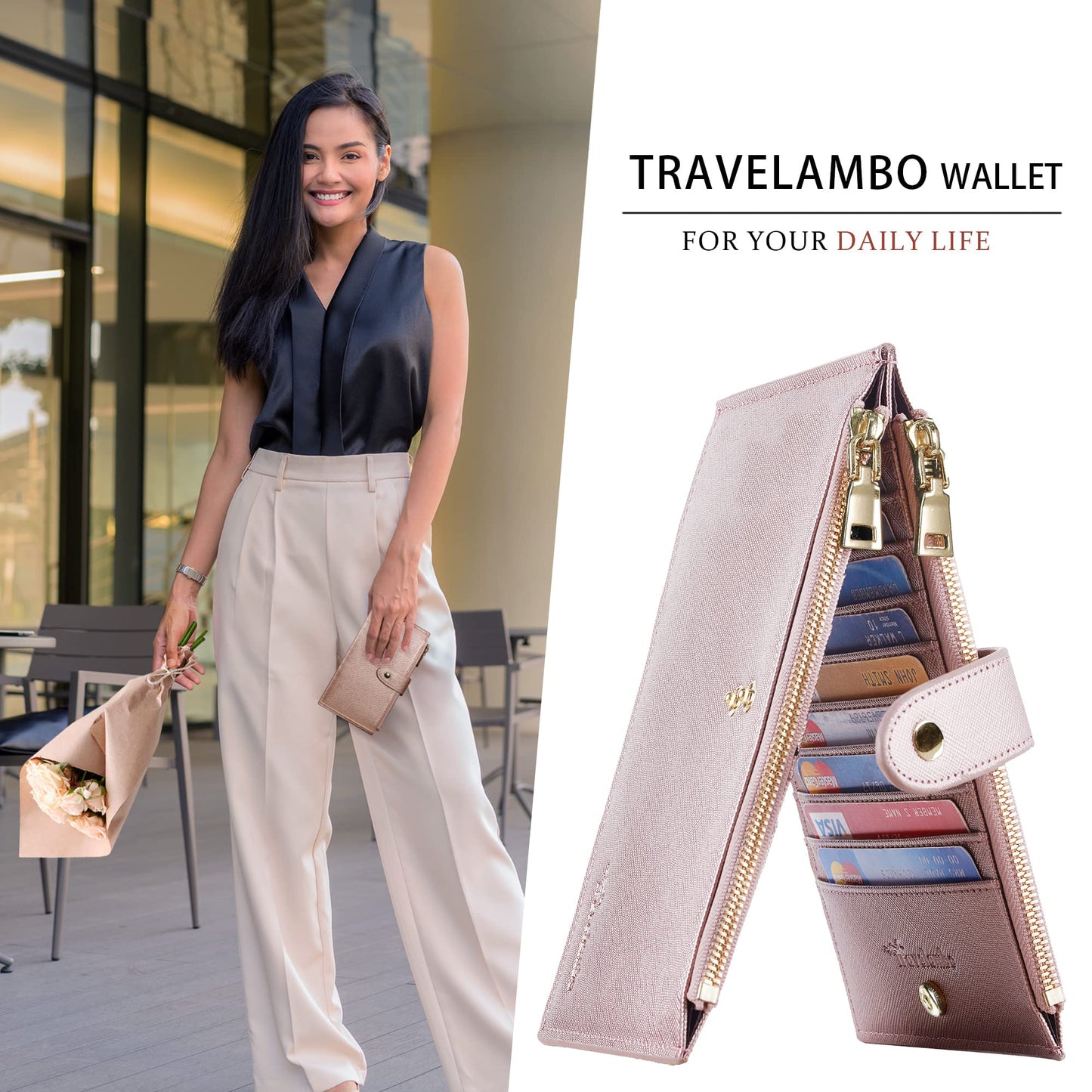 Travelambo RFID Wallet Women Large Size Bifold Multi Card Wallet Case with Zipper Pocke Credit Card Holder for Women