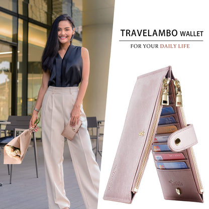 Travelambo RFID Wallet Women Large Size Bifold Multi Card Wallet Case with Zipper Pocke Credit Card Holder for Women