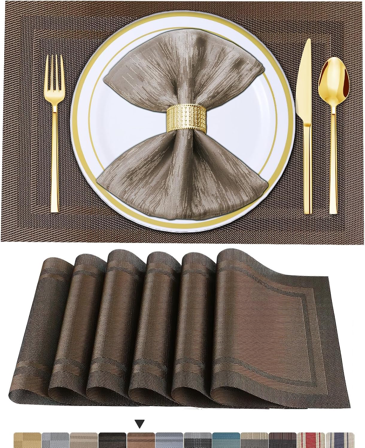 Lot de 6 sets de table en vinyle tissé pour table à manger, lavables et lavables, sets de table de cuisine durables pour intérieur et extérieur, 01 beige, 6 pièces 