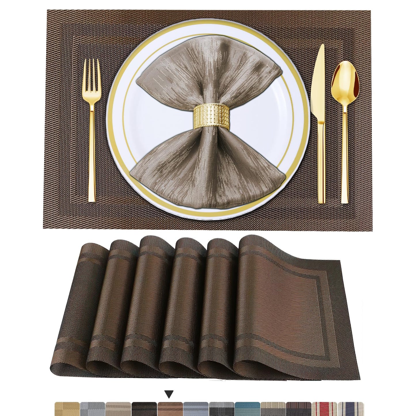 Lot de 6 sets de table en vinyle tissé pour table à manger, lavables et lavables, sets de table de cuisine durables pour intérieur et extérieur, 01 beige, 6 pièces 