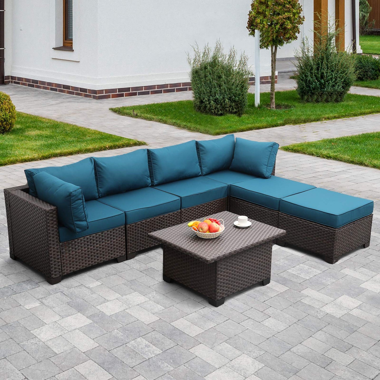 Outdoor Patio Dark Brown Rattan 7 Piece Sectional Set PE Wicker Conversation Sofa with Liftable Storage Table Non-Slip 5" Thick Royal Blue Cushion and Furniture Cover